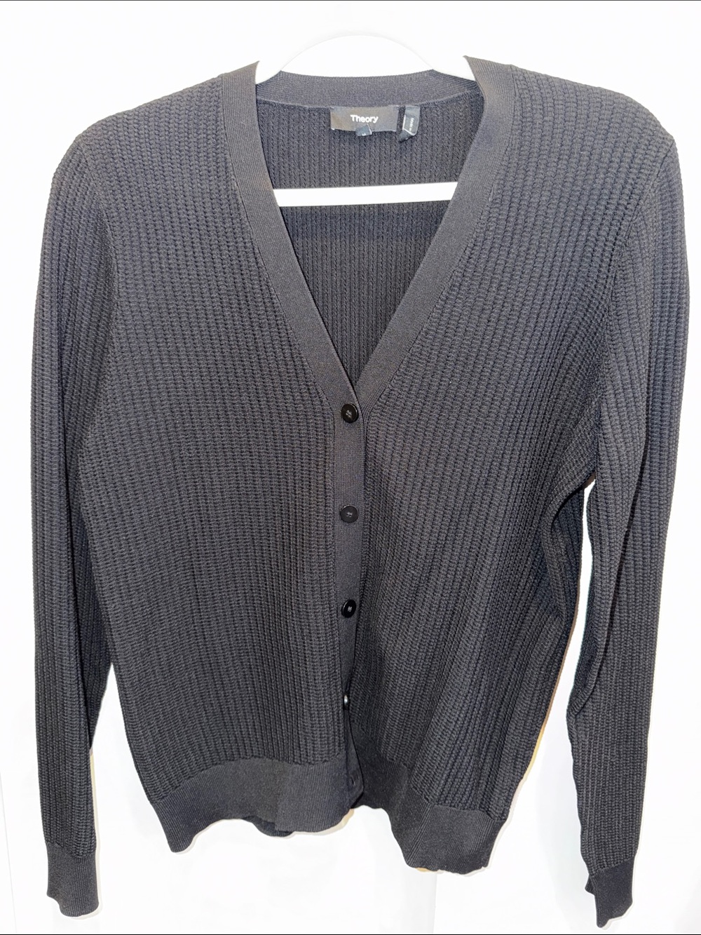 Theory Black Textured V-Neck Button Cardigan